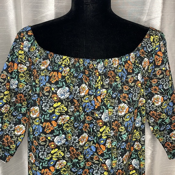 Bobeau Women’s Large Floral Wide Elastic Neckline Puffy Short Sleeve Dress - Picture 2 of 9